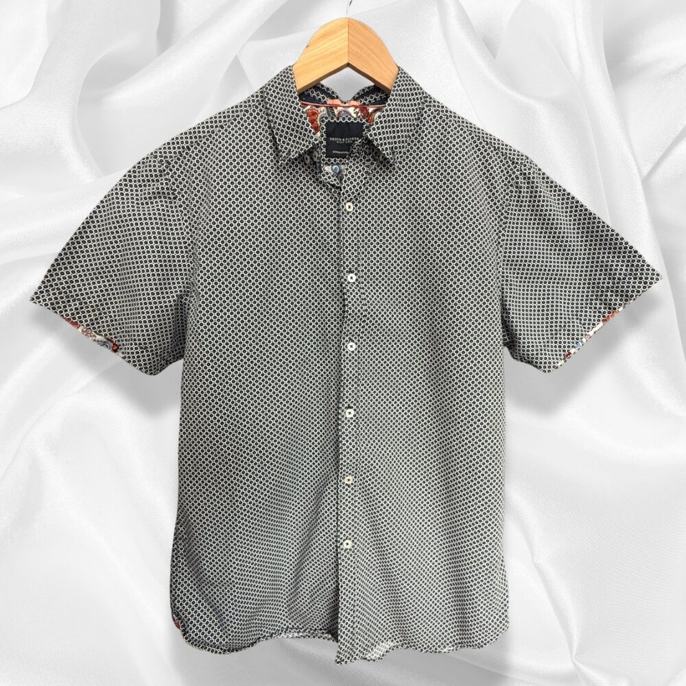 Men's 100% Cotton Short-sleeve Button-down Blue Print Denim & Flower Shirt SizeM